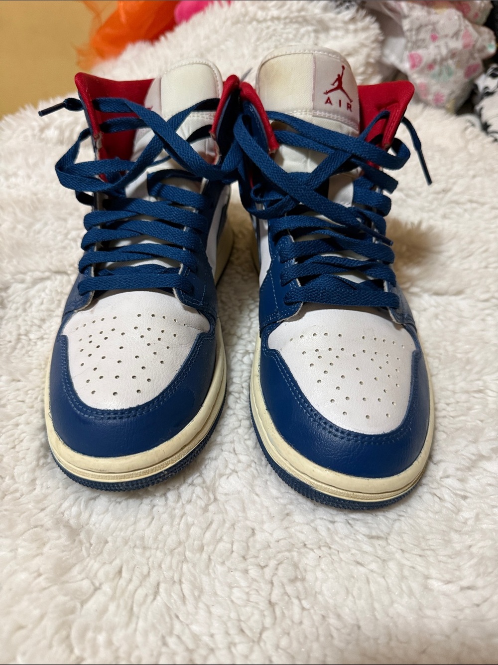 Air Jordan 1 Mid Sneakers in White, Navy & Red